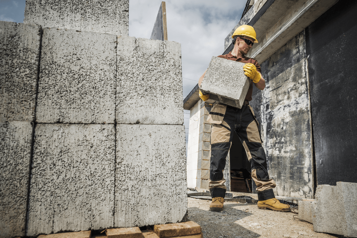 Ouvrier transportant des parpaings sur un chantier